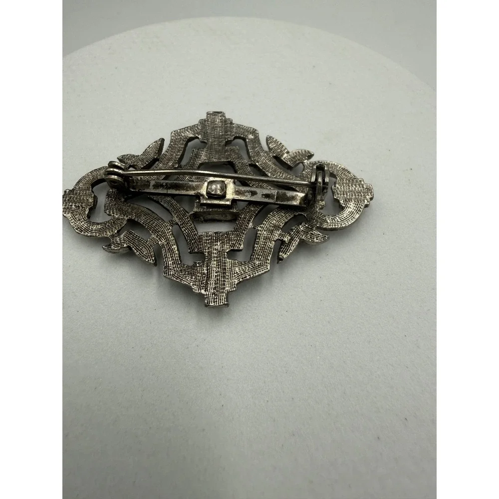 Vintage Art Deco Silver Tone Black Enamel Geometric Openwork Filigree Brooch Pin